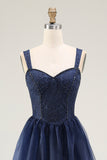 Navy Thick Straps A Line Long Prom Dress with Lace