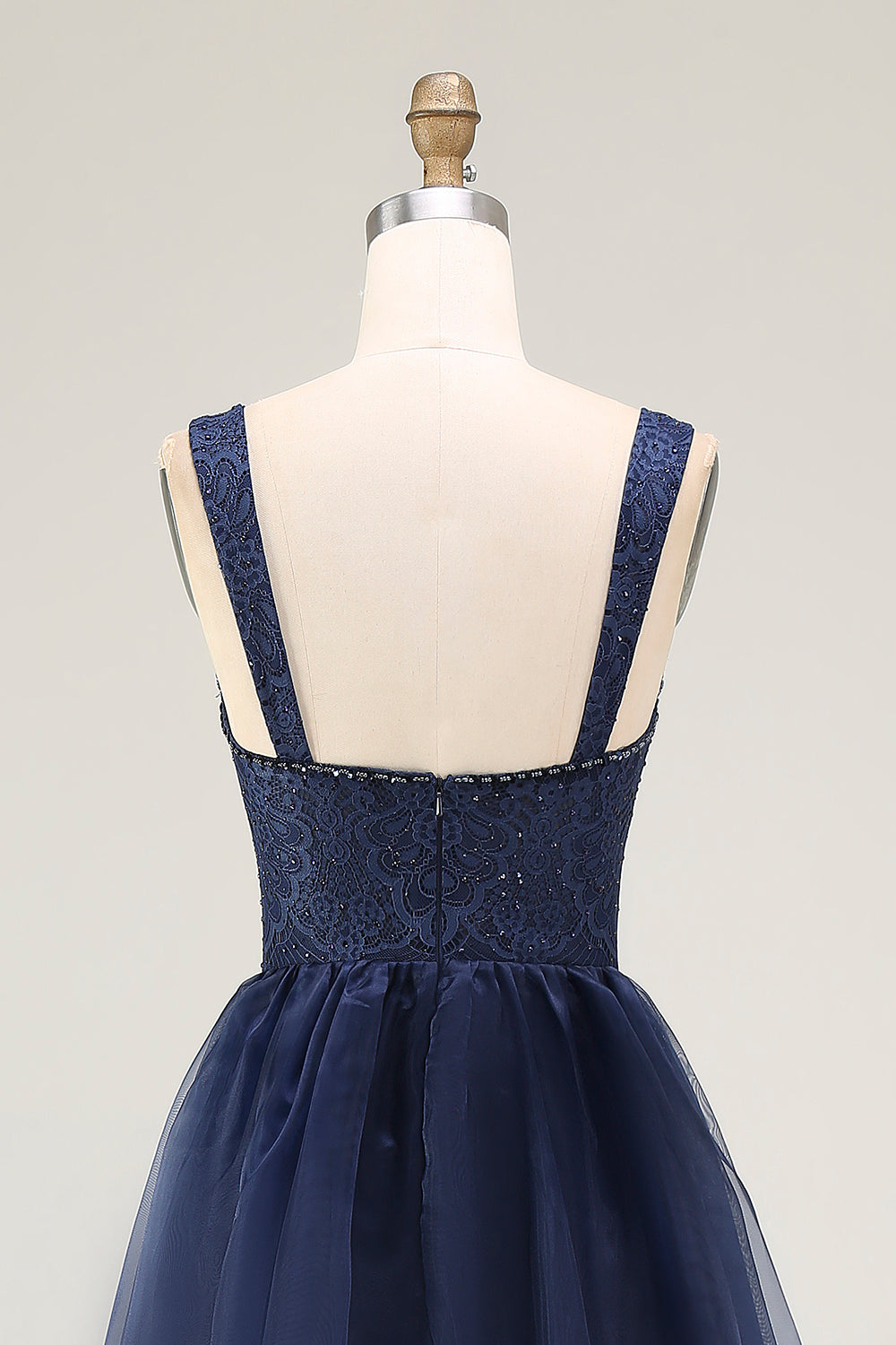 Navy Thick Straps A Line Long Prom Dress with Lace