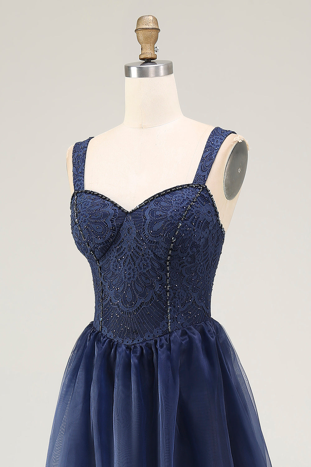 Navy Thick Straps A Line Long Prom Dress with Lace