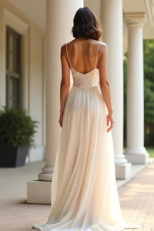 Champagne Chiffon Spaghetti Straps Long A Line Prom Dress with Slit