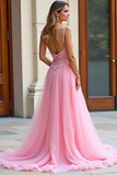 Lace A Line Pink Sweetheart Tulle Long Prom Dress