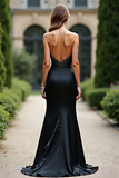 Sheath Black Sweetheart Satin Long Prom Dress with Beading