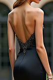 Sheath Black Sweetheart Satin Long Prom Dress with Beading