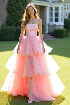 Ball Gown Pink Tiered Strapless Long Prom Dress with Ruffles