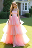 Ball Gown Pink Tiered Strapless Long Prom Dress with Ruffles