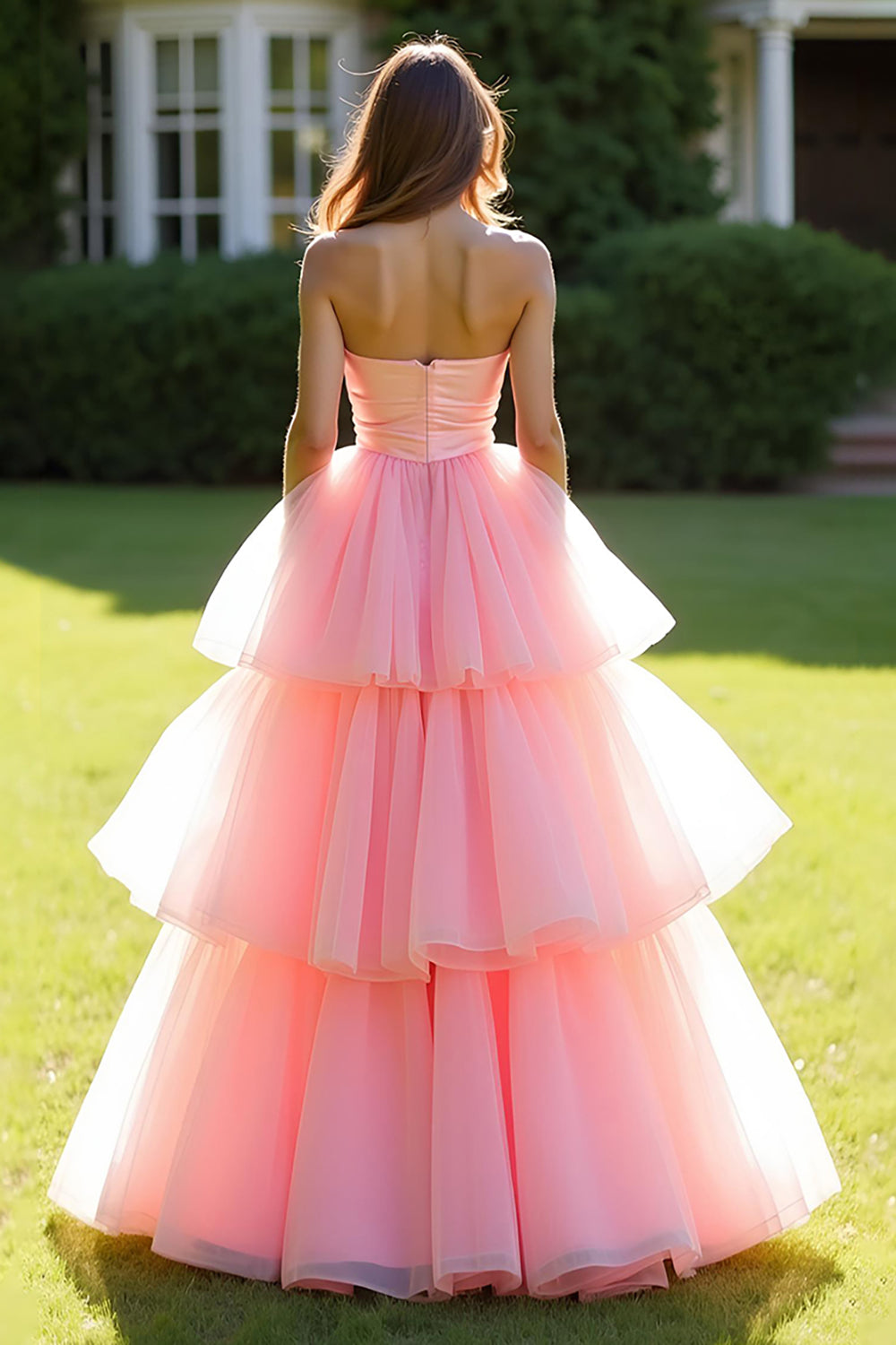 Ball Gown Pink Tiered Strapless Long Prom Dress with Ruffles