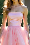 Ball Gown Pink Tiered Strapless Long Prom Dress with Ruffles