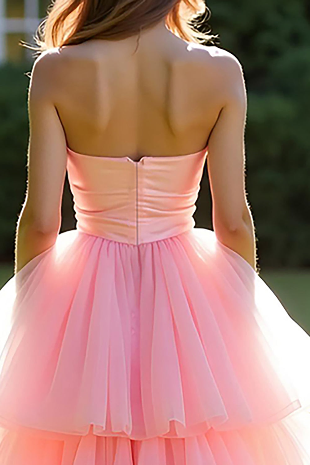 Ball Gown Pink Tiered Strapless Long Prom Dress with Ruffles