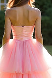 Ball Gown Pink Tiered Strapless Long Prom Dress with Ruffles