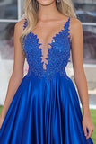 Lace Appliqued Royal Blue Ruched Long Prom Dress