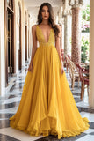 Ball Gown Yellow Deep V-Neck Ruched Long Prom Dress