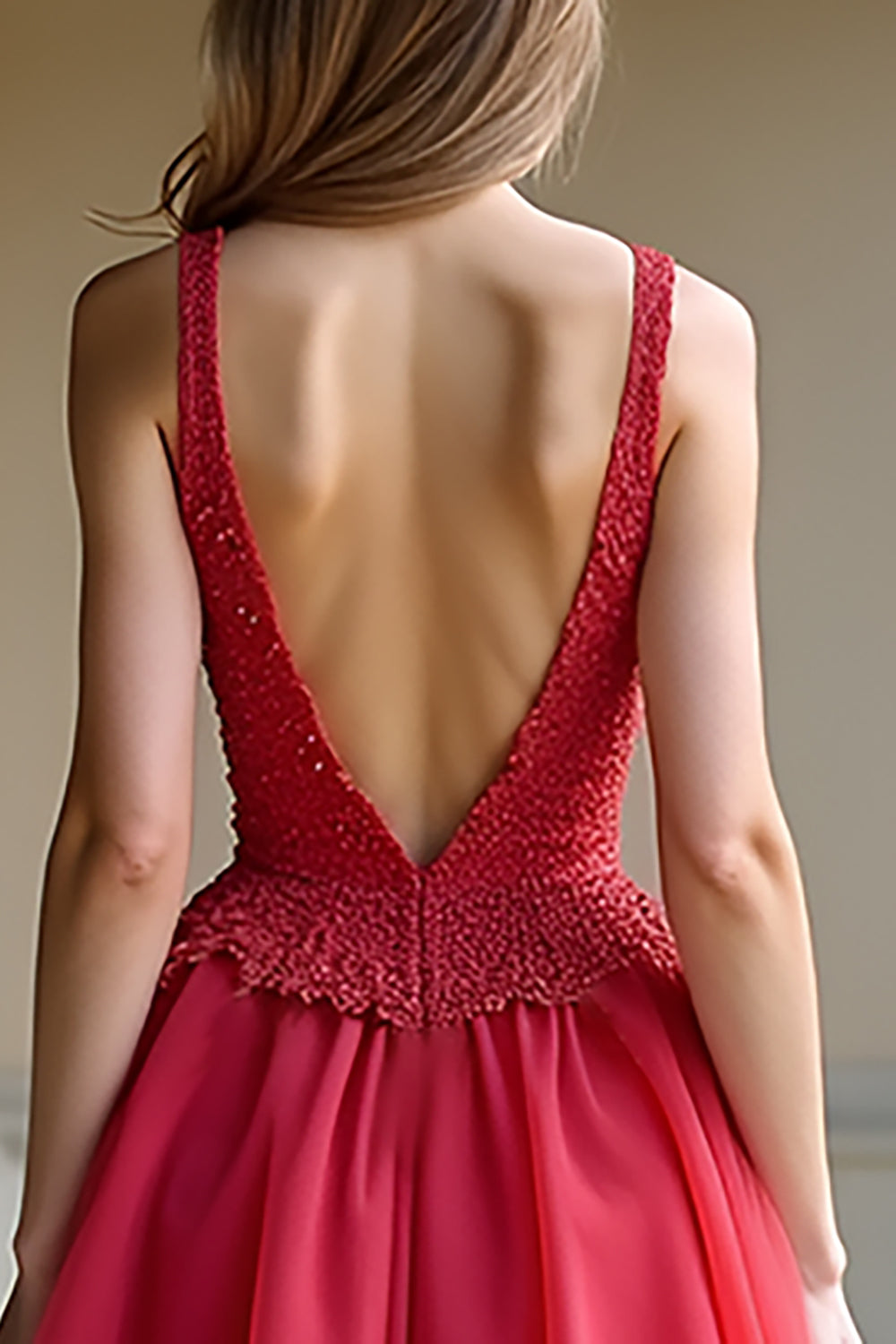 Lace Red A Line Tiered V-Neck Long Prom Dress