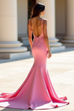 Lace Pink Mermaid Satin Long Prom Dress with Appliques