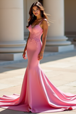 Lace Pink Mermaid Satin Long Prom Dress with Appliques