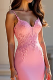 Lace Pink Mermaid Satin Long Prom Dress with Appliques