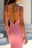 Lace Pink Mermaid Satin Long Prom Dress with Appliques