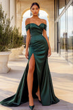 Off the Shoulder Dark Green Sheath Long Prom Dress with Slit
