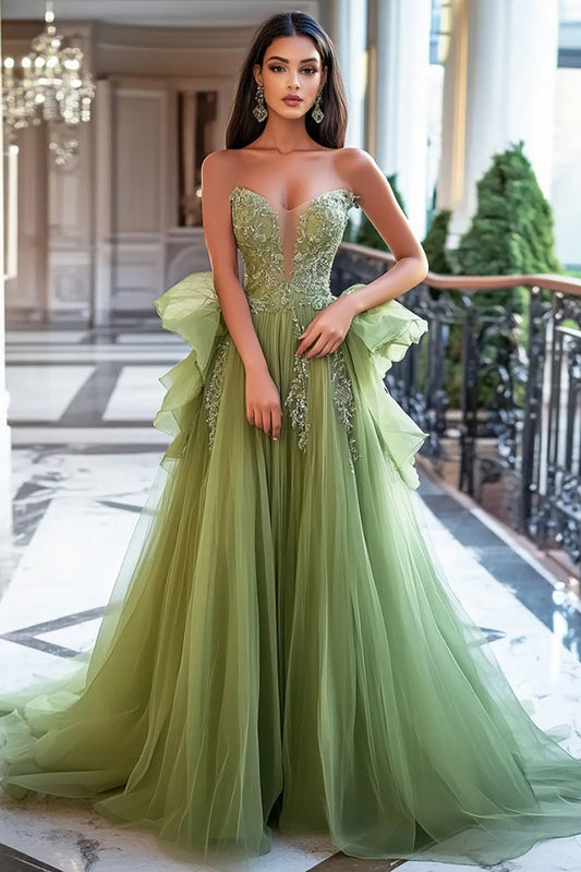 A Line Dusty Sage Tulle Long Prom Dress with Lace Appliques