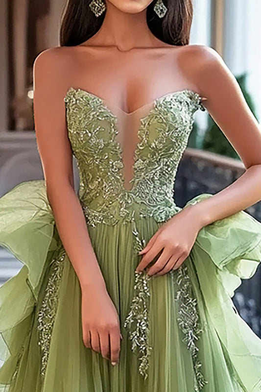 A Line Dusty Sage Tulle Long Prom Dress with Lace Appliques