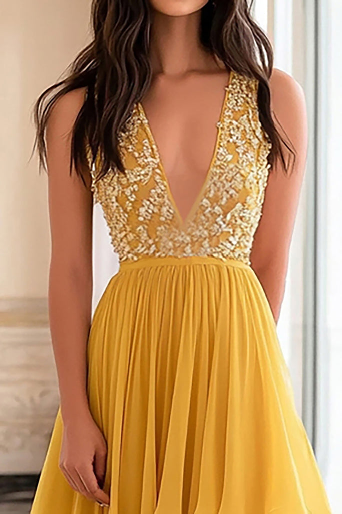 A-line V-Neck Appliques Yellow Long Prom Dress Formal Dress,DS234 main image 1
