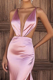 Satin Pink Deep V-Neck Sheath Long Prom Dress with Slit