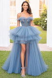Spaghetti Straps Long Grey Blue Tulle Prom Dress with Slit