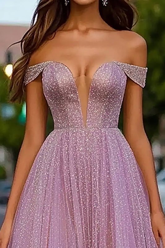 Dusty Rose A Line Sparkly Tulle Long Prom Dress with Beading