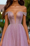 Dusty Rose A Line Sparkly Tulle Long Prom Dress with Beading
