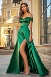 Long Satin Green Off The Shoulder A Line Prom Dress with Slit
