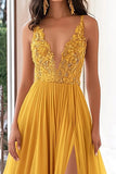 Long Chiffon Yellow V-Neck Prom Dress with Appliques