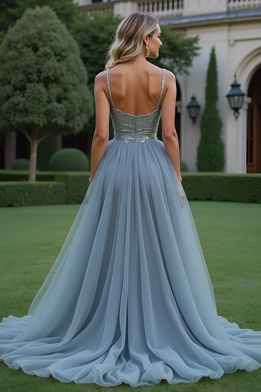 Spaghetti Straps Long Sparkly Grey Blue Tulle Prom Dress with Beading