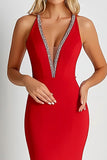 Red Deep V-Neck Sheath Long Formal Dress with Beading