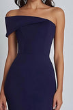 Satin Navy Sheath Off the Shoulder Long Formal Dress with Slit