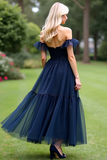 A Line Tulle Navy Sweetheart Ankle-Length Formal Dress