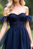 A Line Tulle Navy Sweetheart Ankle-Length Formal Dress