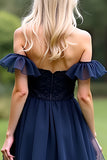 A Line Tulle Navy Sweetheart Ankle-Length Formal Dress