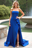 Strapless Royal Blue A Line Ruffled Long Formal Dress with Slit
