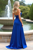 Strapless Royal Blue A Line Ruffled Long Formal Dress with Slit