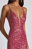 Sparkly Fuchsia Sheath Spaghetti Straps Long Formal Dress