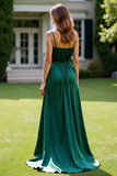Backless Satin Dark Green Ruched Long Formal Dress