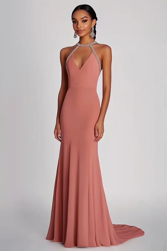 Pink Halter Neck Sheath Long Formal Dress with Beading