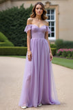 Ruched A Line Tulle Lilac Long Formal Dress