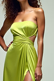 Ruched Square Neck Lemon Green Long Formal Dress with Slit