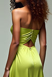 Ruched Square Neck Lemon Green Long Formal Dress with Slit