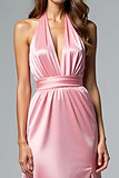 Backless Pink Halter Satin Long Formal Dress with Slit
