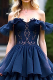 Lace Tulle Navy A Line Tea-Length Formal Dress with Ruffles