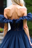 Lace Tulle Navy A Line Tea-Length Formal Dress with Ruffles