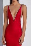 Sheath Deep V-Neck Red Long Formal Dress with Beading