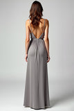 Grey Spaghetti Straps Sheath Long Formal Dress with Slit