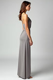 Grey Spaghetti Straps Sheath Long Formal Dress with Slit